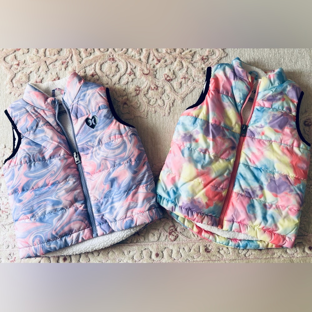 Reversible Kids Puffer Vests in Pastel Swirl and Tie-Dye